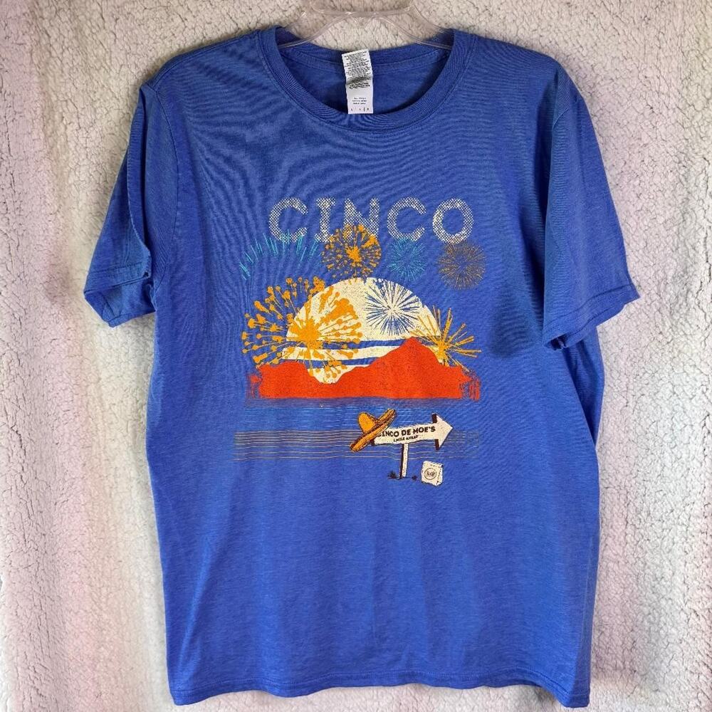 Gildan Softstyle Cinco‎ De Moe's T shirt Short Sleeve Blue Women's Size L